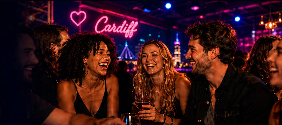Friends laughing together at a welcoming Cardiff social event