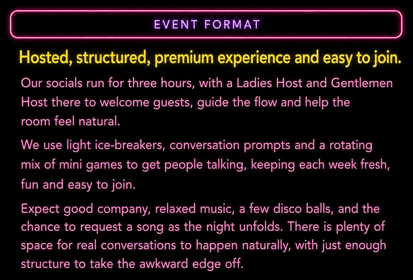 Slow Spark event format with hosted introductions, premium experience and an easy-to-join flow