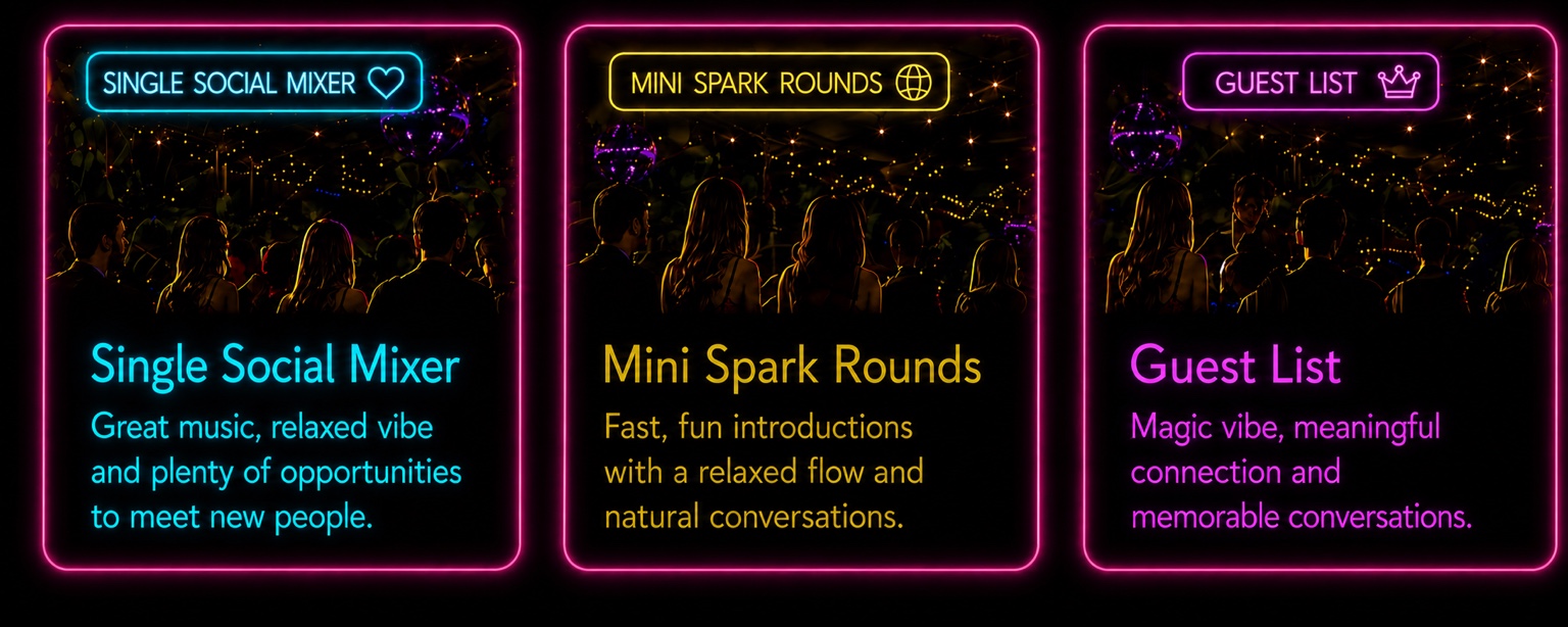 Slow Spark event options: Single Social Mixer, Mini Spark Rounds and Guest List