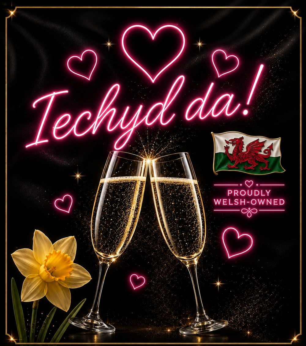 Iechyd da neon artwork with glasses, hearts, a Welsh flag and a daffodil