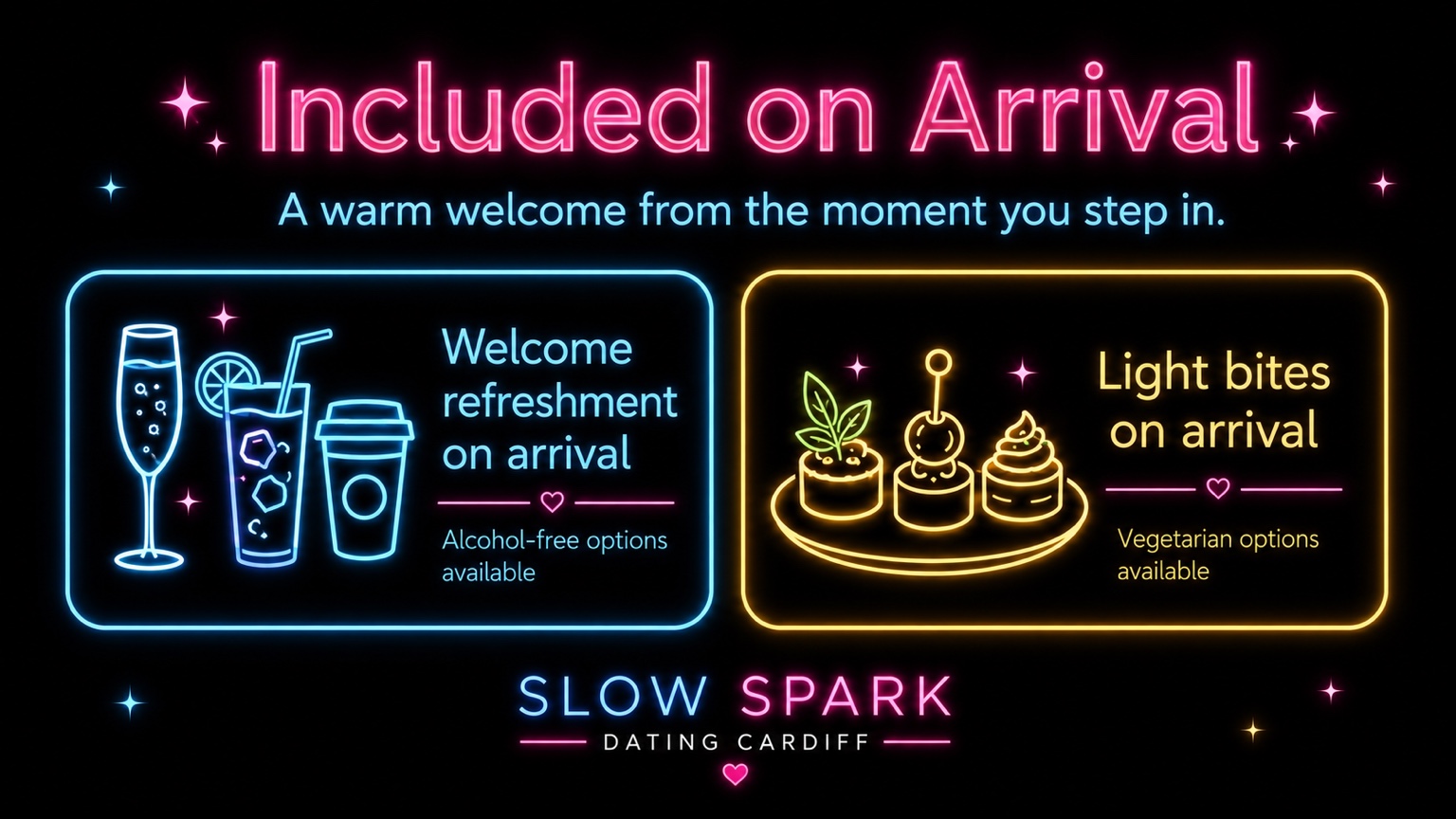 Included on arrival: welcome refreshment, alcohol-free alternatives, light bites and vegetarian options