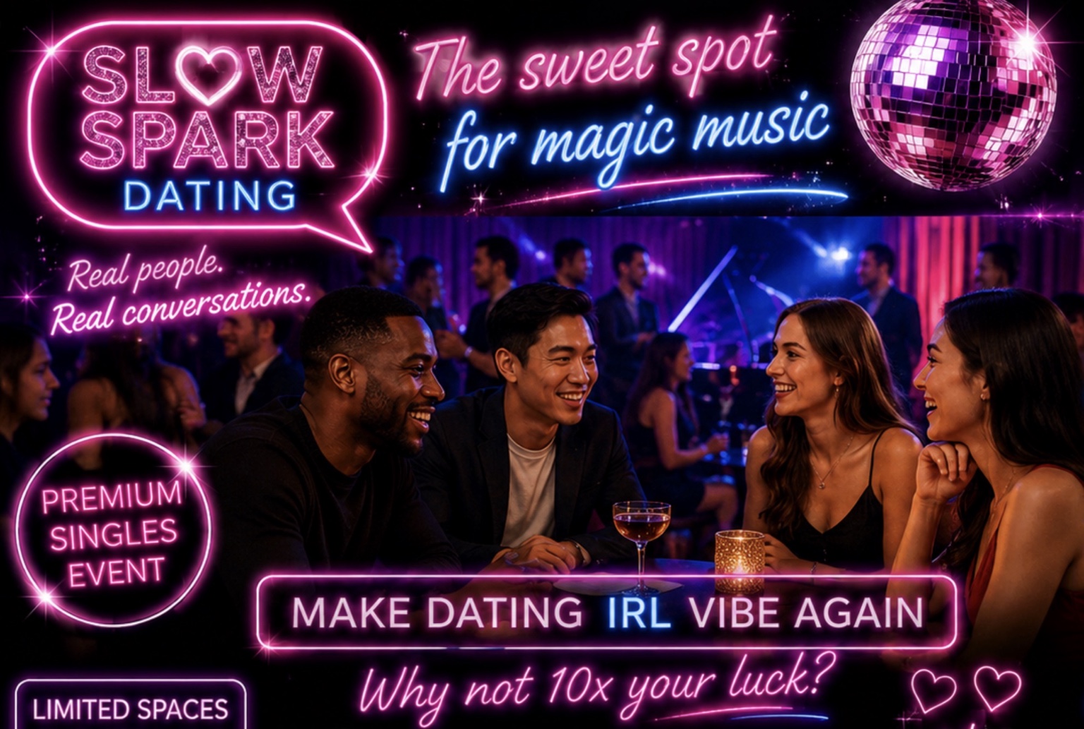 Slow Spark Dating premium singles event with live music, real conversations and neon branding