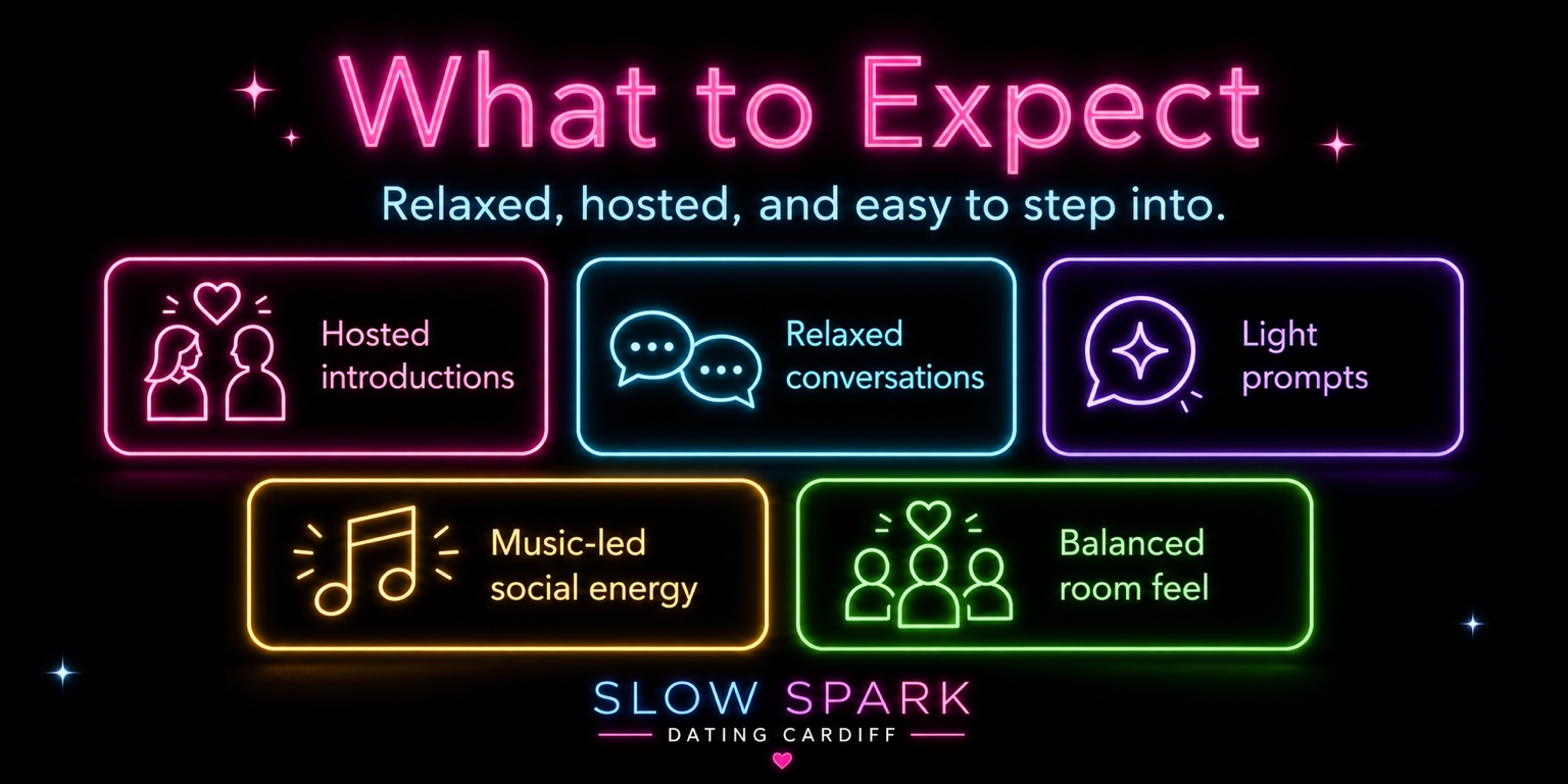 What to expect: hosted introductions, relaxed conversations, light prompts, music and a balanced room