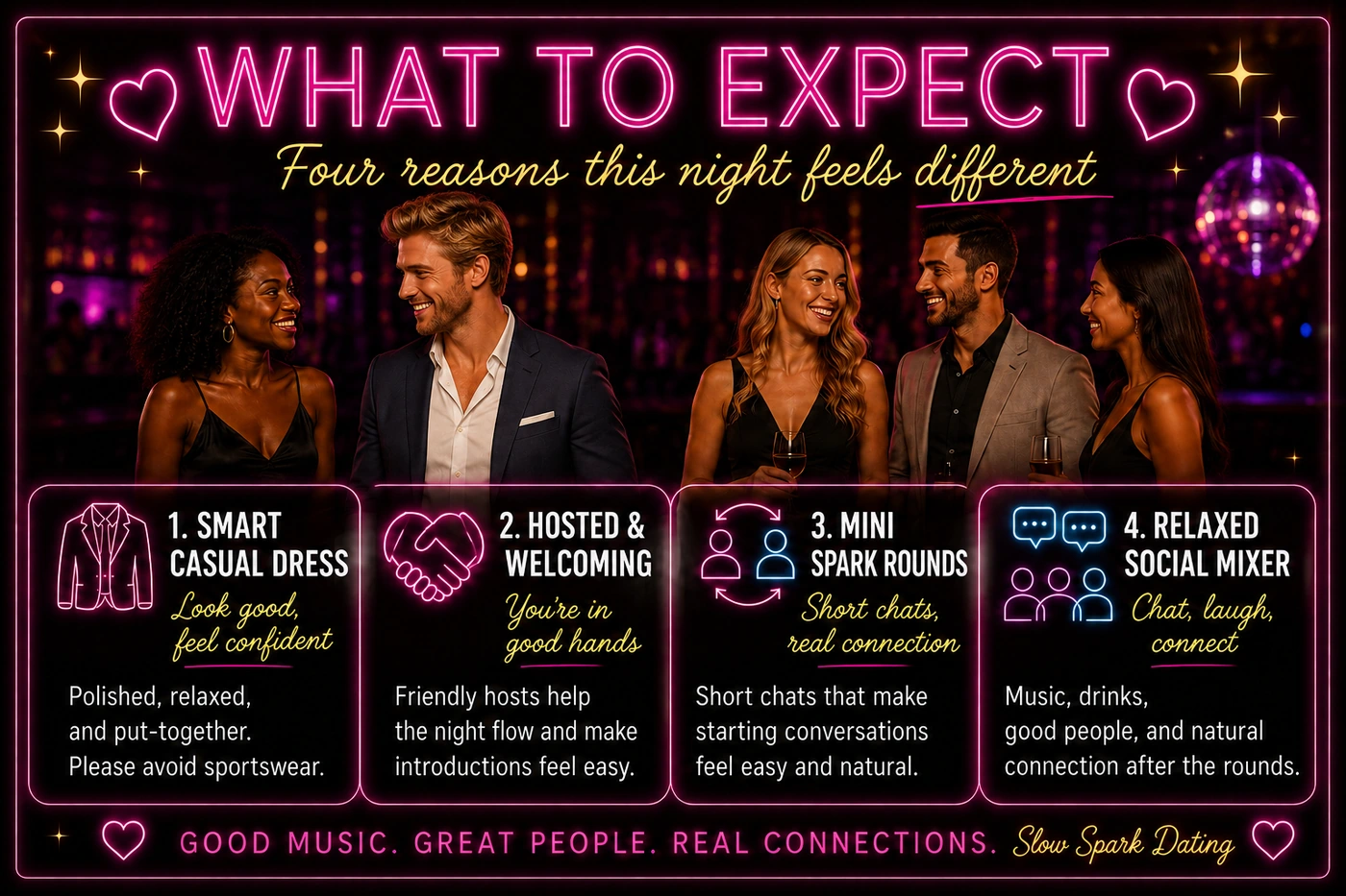 What to expect at Slow Spark Dating: smart casual dress, hosted introductions, Mini Spark Rounds and a relaxed social mixer